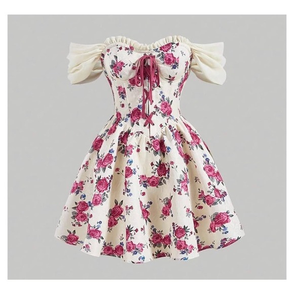 Women's Dress Floral Print Off Shoulder Lace Up Front peasant corset top SZ S - Picture 2 of 10